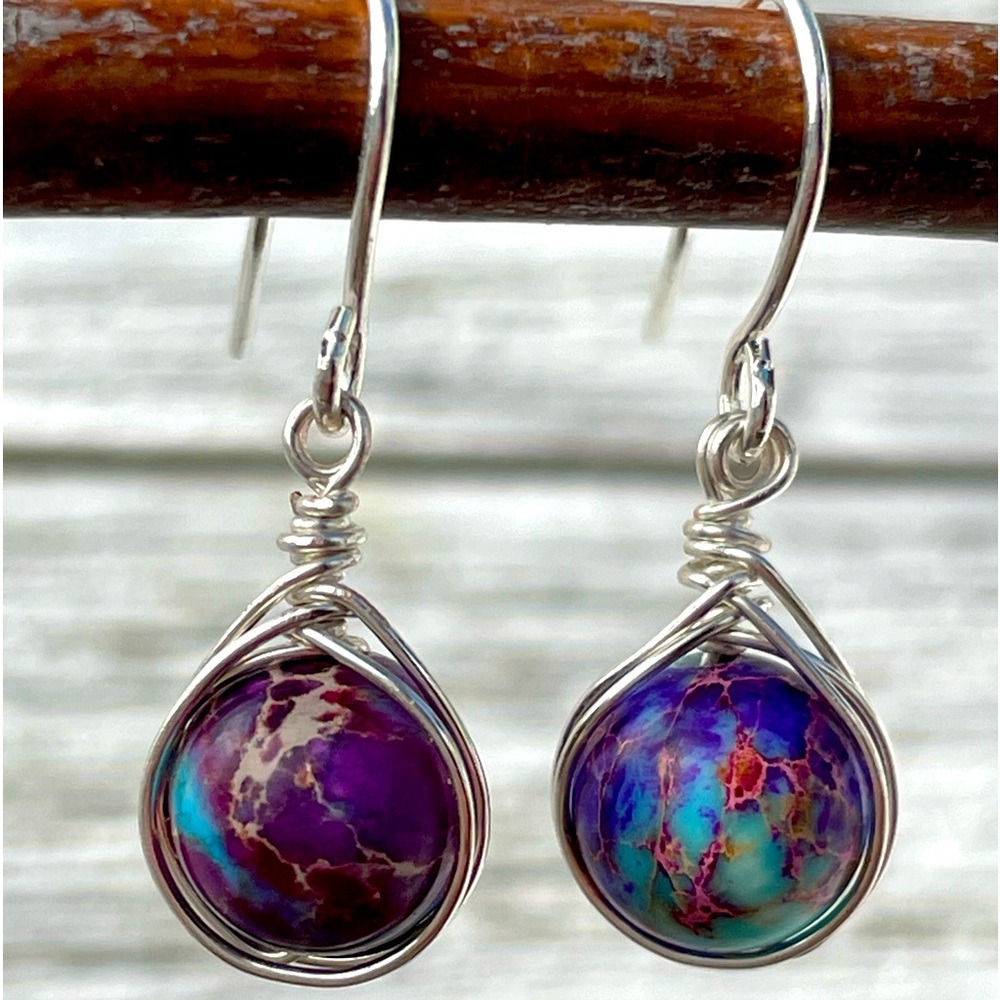 Imperial Jasper Natural stone HAND MADE silver wire wrap earrings
